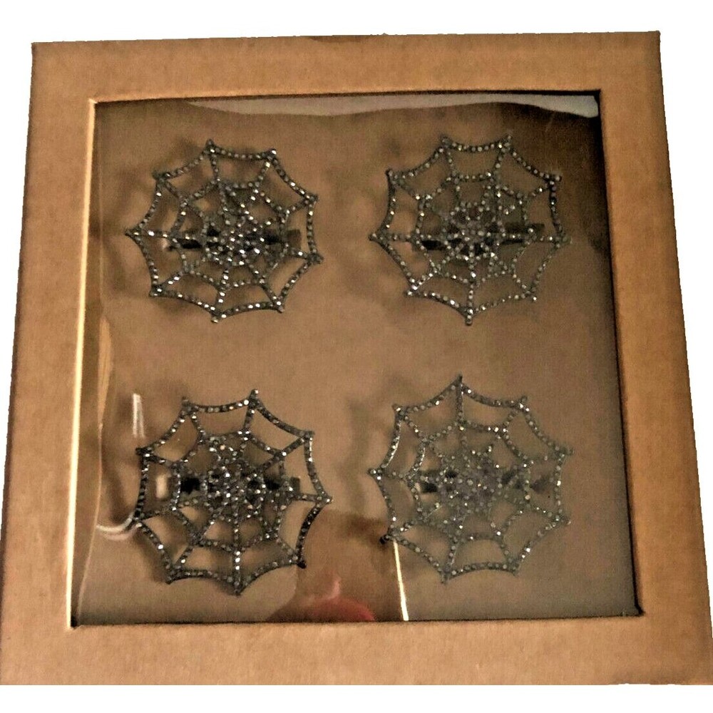 Tahari Home Halloween Napkin Rings Holders Set Of 4 Spider Web Black Rhinestones